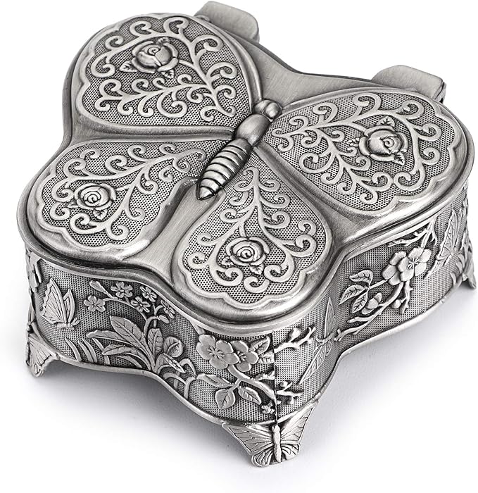 Hipiwe Vintage Metal Jewelry Trinket Box - Butterfly Shape Jewelry Organizer Treasure Chest Ring Holder, Earrings Necklace Storage Box Keepsake Box for Women