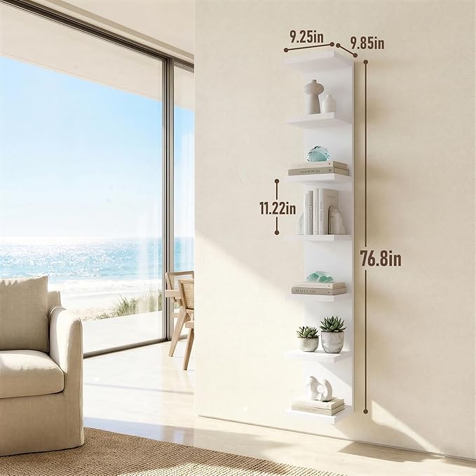7 Tier Wall Shelf Unit & Lack Shelf, Versatile Floating Shelves for Wall, Bedroom Book Shelf, Vanity Display Shelves, Tall Decorative Shelving Unit, Long Shelves for Storage White