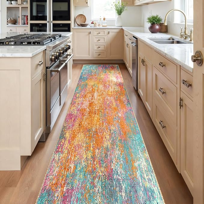 RELEANY Washable Area Rugs 2'x10' Non-Slip Modern Abstract Soft for Living Room Entryway Bedroom Nursery, Print Pattern, Orange Blue Pink Yellow Colorful