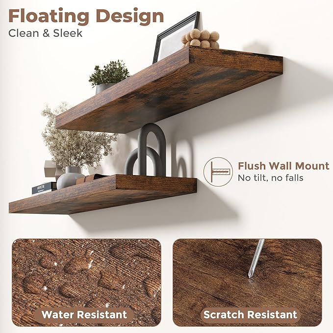 24 Inch Floating Shelves for Wall with Invisible Brackets Set of 2, 8"D Engineered Wood Wall Shelves with Wood Grain for Living Room, Bedroom, Bathroom, Kitchen Decor and Storage, Rustic Brown