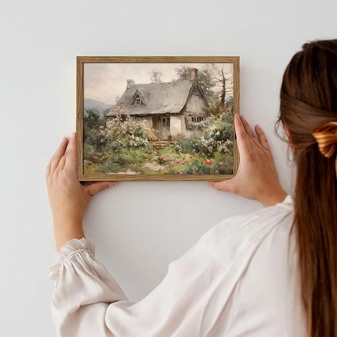 Framed Farmhouse Wall Decor, Country Cottage Pictures Wall Art, Pastoral Nature Landscape Canvas Print, Vintage Farm House Oil Painting Artwork for Bedroom Living Room – 8x10 inch