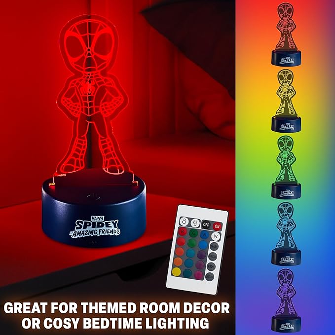 Get Trend Marvel Spidey 3D Illusion Night Light for Kids, 16 Colors, 4 Lighting Modes, Dimmable, LED Desk Lamp with Remote Control, Bedroom Decor, Gifts for Boys, Girls (Multi Spidey)