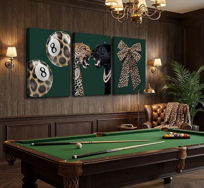 3Pcs Trendy Leopard Canvas Wall Art Funky Lucky 8 Ball Pictures Wall Decor Cheetah Bows Preppy Aesthetic Posters Prints Paintings for Bedroom Dorm Living Bathroom Decoration Prepare To Hang