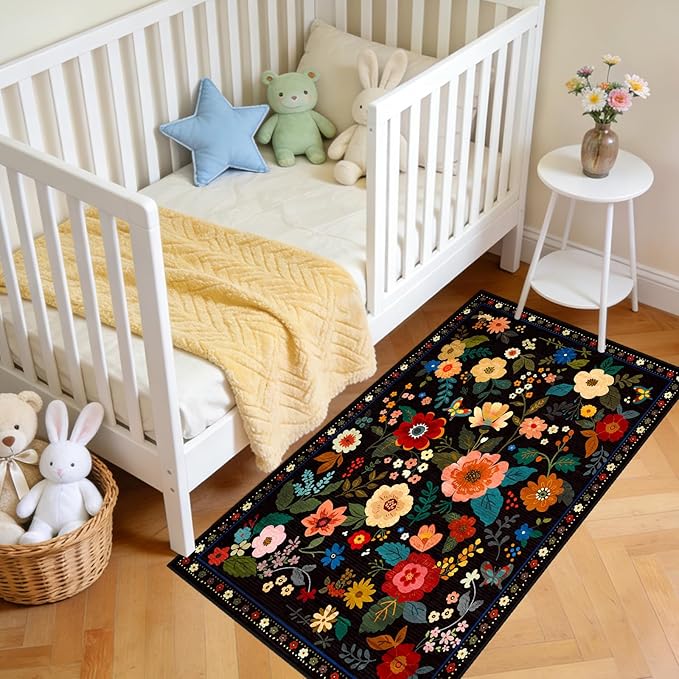 RELEANY Floral Nursery 2x4 Area Rugs Washable Print Boho Cute Carpet Non Slip Flower Low Pile for Living Room Kids Girls Playroom Bedroom Kitchen Office Farmhouse-Black