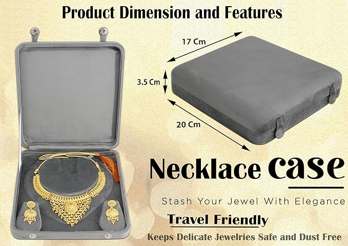 atorakushon Large Velvet Jewelry Box Big Necklace with Ring Earring Pendant Gift Case Pearl Necklace/Chunky Necklace Storage Pouch for Women Grey