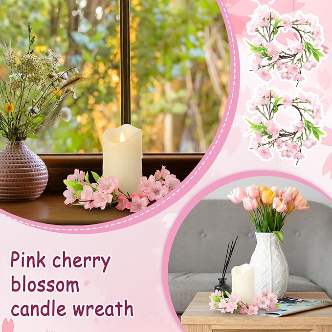 Daifunli 2 Pcs Spring Cherry Blossom Candle Ring Artificial Cherry Blossom Wreaths for Pillar 3.9 Inch Candles Holder for Spring Country Wedding Kitchen Rustic Table Centerpiece Decor