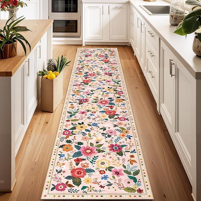 RELEANY Floral Nursery 2x10 Area Rugs Washable Print Boho Cute Carpet Non Slip Flower Low Pile for Living Room Kids Girls Playroom Bedroom Kitchen Office Farmhouse-Pink