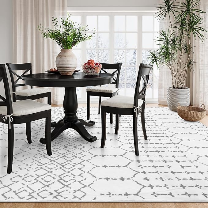Lahome Moroccan Machine Washable Rugs 6x9 Rug for Living Room Non-Slip Large Area Rug Lightweight Throw Non-Shed Dining Room Rug, Geometric Print White Soft Floor Carpet for Bedroom Classroom Hana