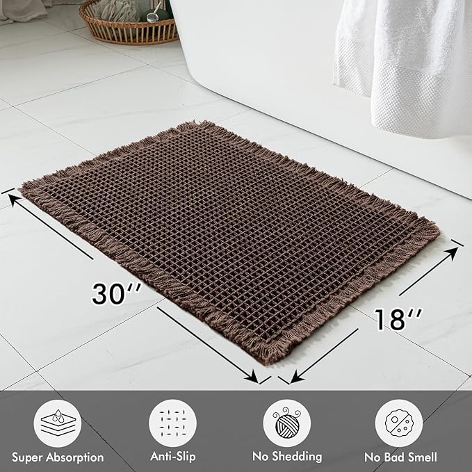 MIULEE Set of 2 Waffle Bathroom Rugs, Boho Bath Rugs Non Slip Washable, Super Absorbent Bath Mats, Ultra Soft Rubber Backed Shower Mats for Bathroom Floor, Tub and Shower, Chocolate, 18x30 Inch