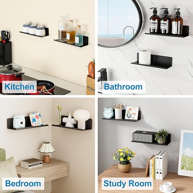 SAYAYO Black Floating Shelves for Wall Storage, 12 Inch Screw or Self Adhesive Wall Shelves for Bedroom Decor, Small Display Bathroom Shelf Organizer for Kitchen, Living Room, Office, 2pcs