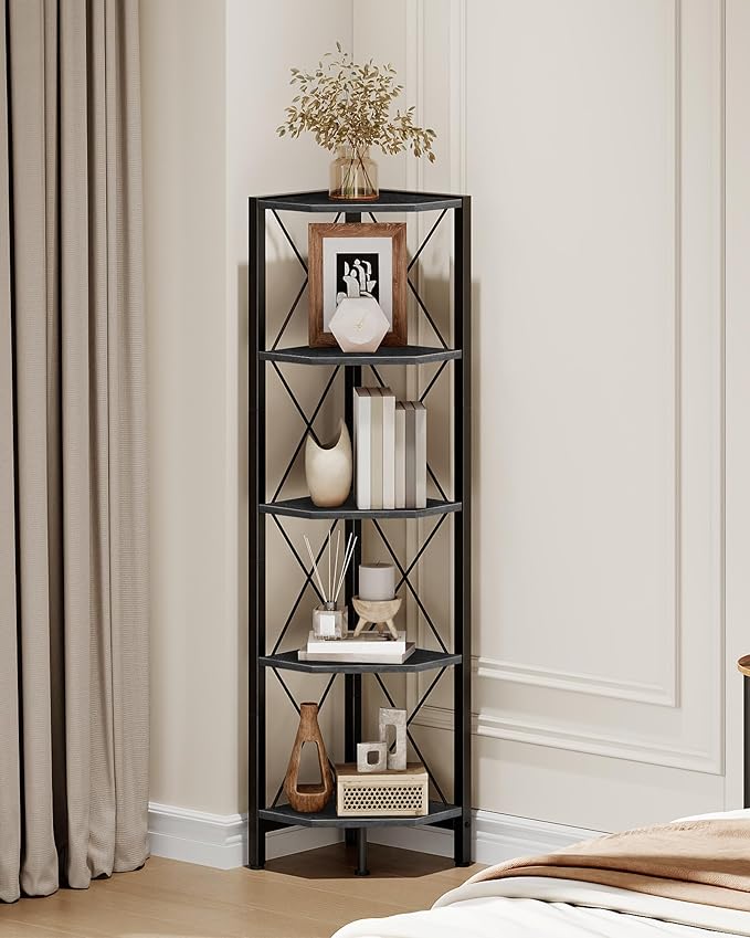 CHOEZON 5-Tier Corner Shelf, Corner Bookcase, 55.2" Tall Vertical Display Rack, Plant Stand, Open Storage Shelf, for Living Room, Bedroom, Study, Kitchen, Black TCJ12BB