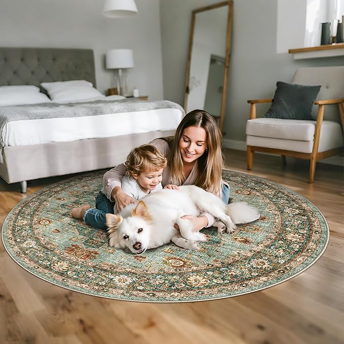 TOPRUUG Washable Oriental Area Rug - 5ft Round Rugs for Living Room Soft Carpet for Bedroom Waterproof Floral Distressed Indoor Stain Resistant Non-Shedding Floor Carpets (Green, 5ft-Round)