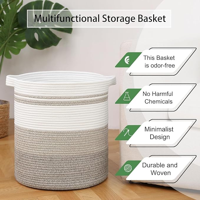 laundry hamper 18x18x20,80L – large basket for blankets,toy basket, Cotton Rope Blanket Basket Living Room, Baby Laundry hamper for Blanket, Nursery, –stuffed animal storage( Triple Black)