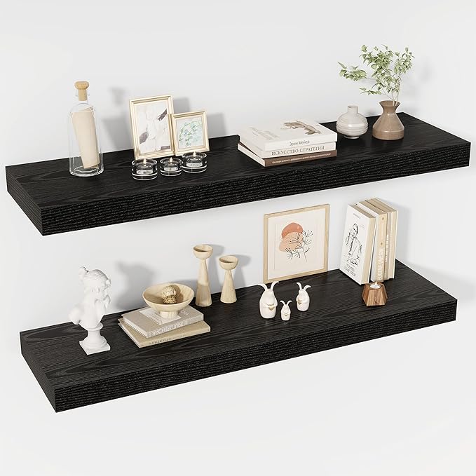 Acovy 40 Inch Floating Shelves, 12" Deep Floating Shelf Wall Mounted, 40" Wall Shelves, Rustic Deep Bookshelf, Extra Deeper & Thicker Display Shelves for Bedroom, Living Room, Black, Set of 2