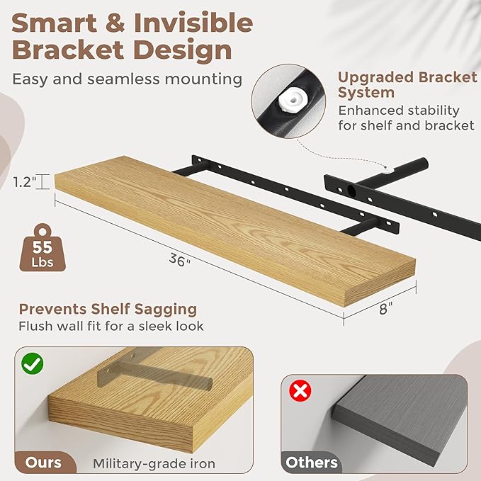 36 Inch Floating Shelves for Wall with Invisible Brackets Set of 2, 8"D Engineered Wood Wall Shelves with Wood Grain for Living Room, Bedroom, Bathroom, Kitchen Decor and Storage, Oak Finish