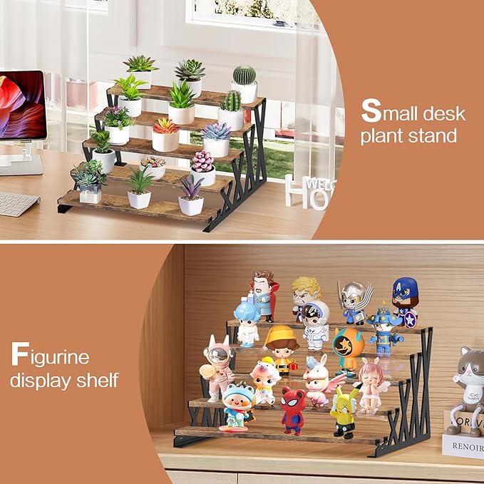 KALYLOC 5 Tier Wooden Display Riser Stand 13.8 Inch Metal Step Perfume Stand Organizer Tabletop Tiered Display Shelf Rack for Cologne Cupcake Spice Figures Cosmetics Candles (Brown, X-Shape)