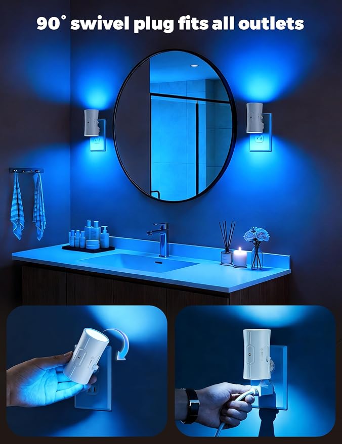 fesnne Night Light, LED Night Lights Plug into Wall 2 Pack Blue 0-100LM Adjustable Brightness Light Sensor Plug in Night Light for Hallway, Bathroom, Adult