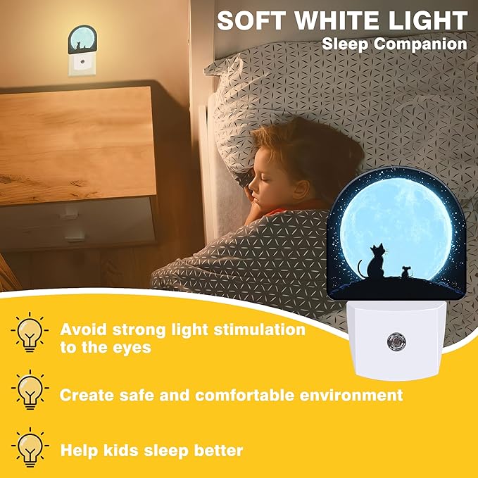 Night Light, Cat and Mouse Sit on Moon Night Lights Plug into Wall Dusk to Dawn Sensor Round Nightlight for Women Men Energy Efficient Led Lamp 0.5W for Stairway Hallway Bedroom