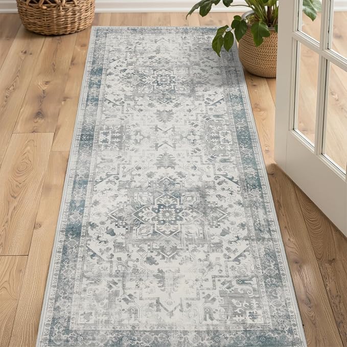 Rugxara 2x5 Hallway Runner Rug, Non Slip Boho Runner Rugs for Hallway, Kitchen, Entrance, Bathroom, Laundry Room, Soft Ultra-Thin Entryway Carpet, Throw Low Pile Retro Imitation Wool Carpet, Blue Grey