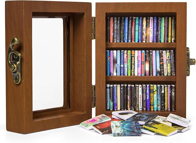 Anxiety Mini Bookshelf Mini Books with 60PCS Wooden Miniature Book Library for Stress Relief, Home and Office Decor, Unique Gift for Book Lovers - Brown