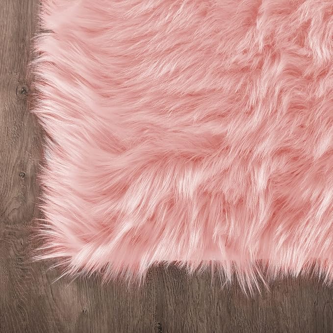 Latepis Pink Faux Fur 4'x5'10" Area Rug, Soft Plush Faux Fur Sheepskin Rugs for Living Room, Washable Fluffy Fuzzy Rug for Bedroom and Living Room, Luxury Room Decor, Rectangle