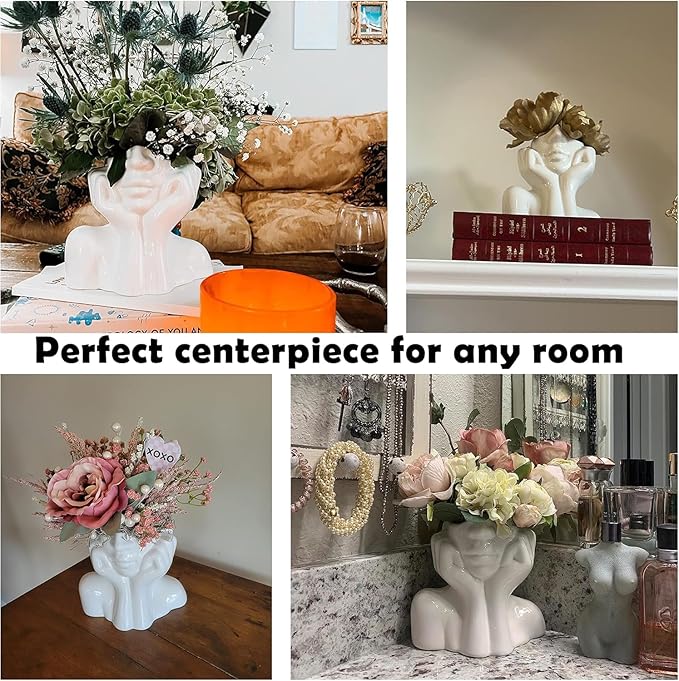 White Ceramic Vase Creative Human Body Art Design Multi Functional Office Desktop Organizer Pen Holder Makeup Brush Holder Home Decor Vase for Flowers Boho Ceramic Vases Stylish Decorative Accent (A)