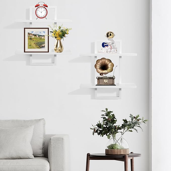 PHOENANCEE Floating Shelves for Wall,Display Hanging Shelf Set of 2,Modern Decorative Plants Shelves,Wood Home Decor Storage Chic for Living Room Bedroom Bathroom Office,Oak Frame,2-Tier,White