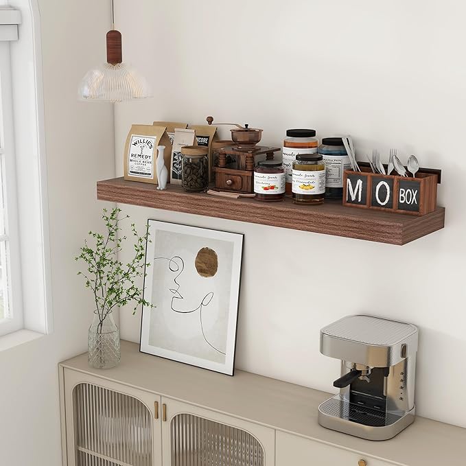 FLYJOE 48 Inch Walnut Floating Shelf | 12 Inch Deep Floating Shelves Set of 1 | 48" D x 12" D Rustic Wood Shelves for Wall | Deep Walnut Shelves for Living Room Bathroom Laundry Room Kitchen