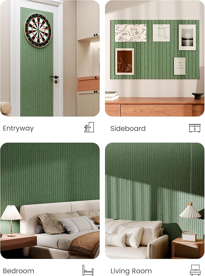 Bumusty Large Cork Board Alternative-36 x 24" Felt Bulletin Board Tiles, with 30 Pushpins, 40 Adhesive Tabs, Fine-Stripe 6-Pack, Cork Boards for Office Push Pin Board Felt Board-Moss Green