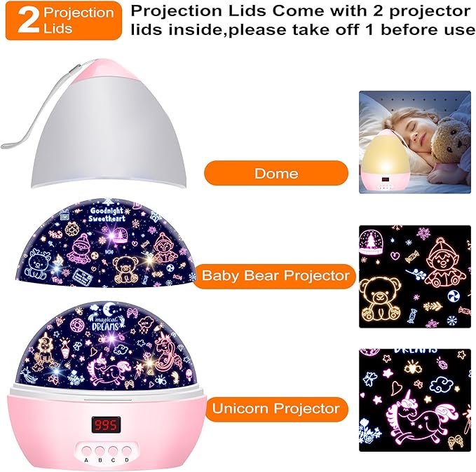 MOKOQI Kid Unicorn Night Light for Girls, and Baby Bear Night Lights Rotating Light Projector with Timer Color Changing Birthday Gifts for 3-5-10 Year Old Girls