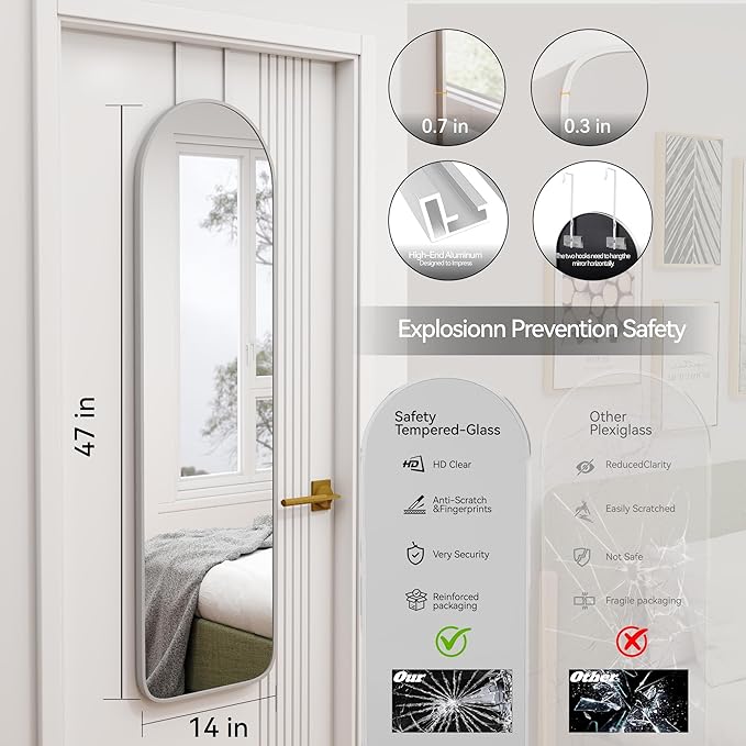 SCWF-GZ 47x14 Mirror Full Length Back Door Hanging or Wall Mounted Aluminum Metal Frame Arch Mirrors for Entryway Bedroom Bathroom Dressing Living Room 47 14 inch Silver