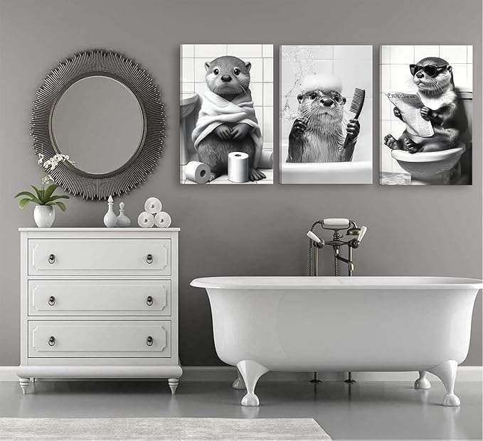 3Pcs Framed Cute Otter Canvas Wall Art Black And White Animal Poster Print Funny otter bathing and reading newspaper Picture Painting Wall Decor for Bathroom Restroom Home Decoration