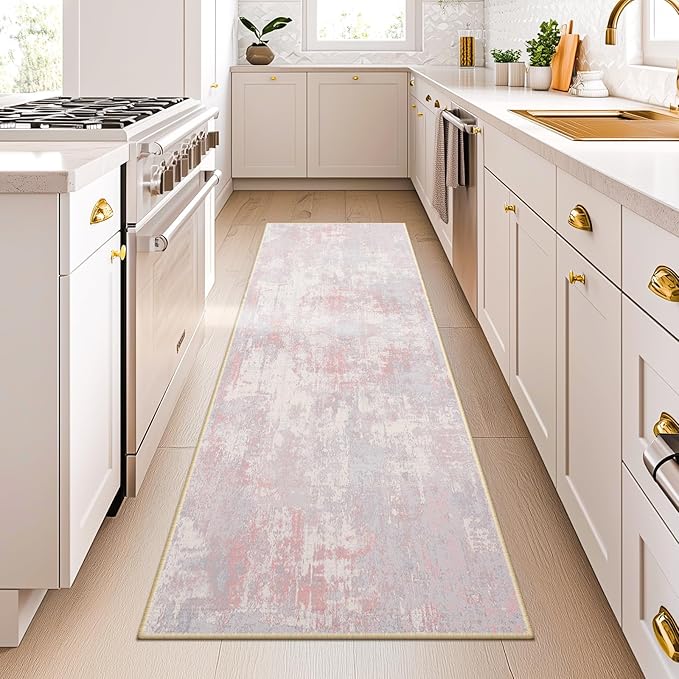 RELEANY Washable Area Rugs 2'x6' Non-Slip Modern Abstract Soft for Living Room Entryway Bedroom Nursery, Print Pattern, Grey Pink