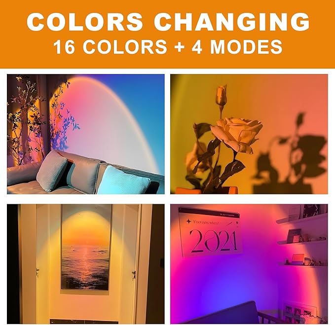 Sunset Lamp Projector, Sunset Light with 16 Colors Changing Projector LED Lights Floor Lamp Room Decor Night Light for Party Bedroom Decor, 360 Degree Rotating Rainbow Sunlight Lamp
