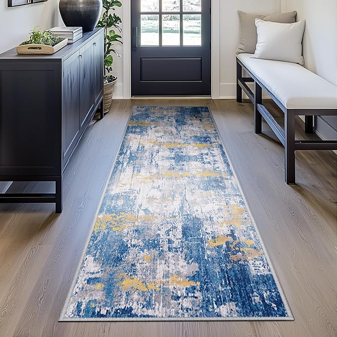 RELEANY Washable Area Rugs 2'x8' Non-Slip Modern Abstract Soft for Living Room Entryway Bedroom Nursery, Print Pattern, Grey Blue Gold/Golden