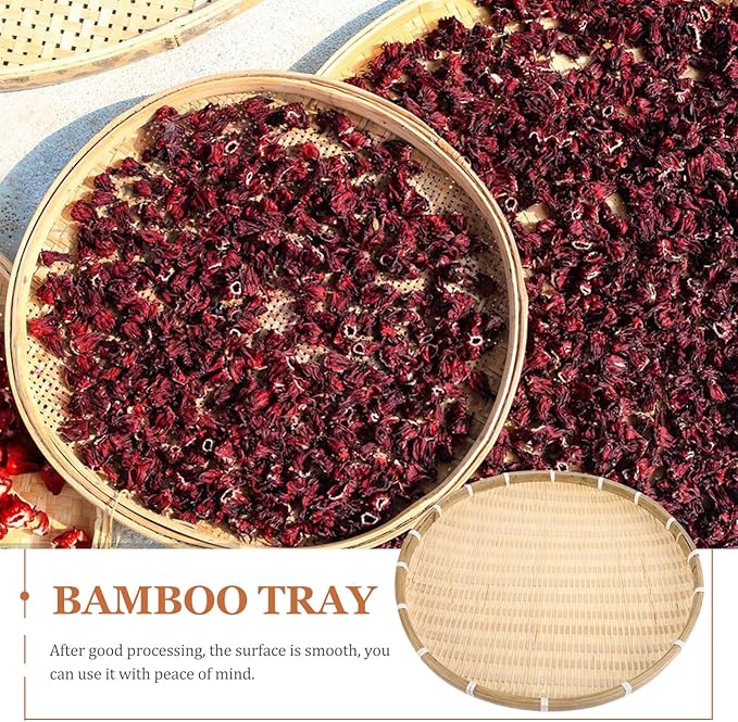 Alipis Bamboo Round Tray 16.53 Inch Woven Food Container Basket Shallow No Hole Tray for Kitchen Storage Serving and Decorative Use