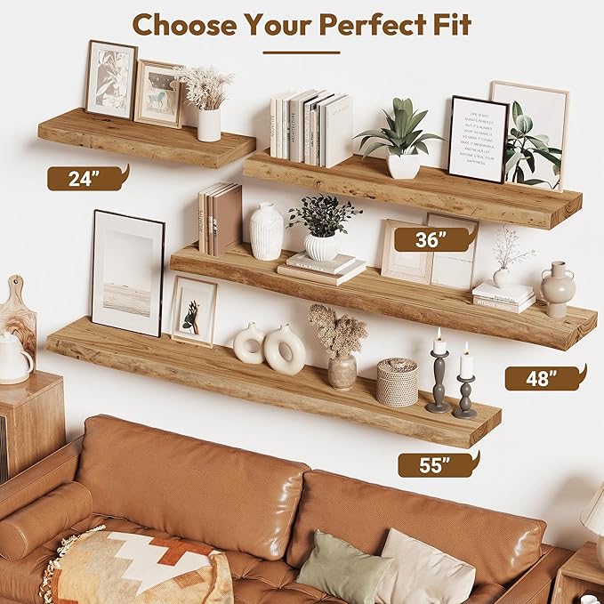 Vivelove Live Edge Floating Shelves 24 inch, Elm Wood Shelf, Rustic Farmhouse Wall Shelf with Invisible Bracket for Living Room Bedroom Bathroom Office Book, 24x8 - Set of 2 - Natural