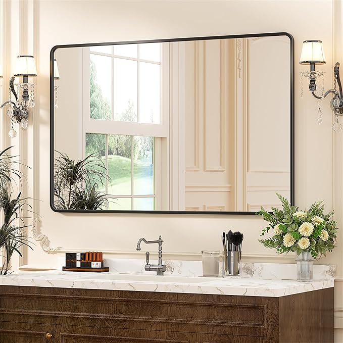 Antok Bathroom Mirror, 48"x30" Wall Mirror, Decorative Mirrors Vanity Mirror Aluminum Alloy Frame Contemporary Rectangular Hanging Mirror for Living Room Bathroom Entryway,Black,Round Corner