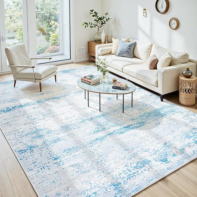 6x9 Area Rugs Washable Rug:Anti-Skid Abstract Modern Living Room Rug Soft Thin Carpets Indoor Floor Non-Shedding Carpet for Bedroom Dining Farmhouse Nursery Home Office(Light Blue/White/Beige, 6x9)