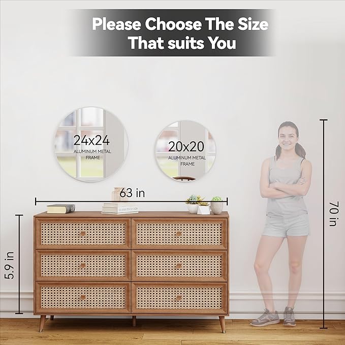SCWF-GZ 24" Round Mirror Circle Wall Mounted Hanging or Against Wall Aluminum Alloy Metal Frame Dressing Make-up Mirrors for Entryway Bedroom Bathroom Living Room 24 inch Silver