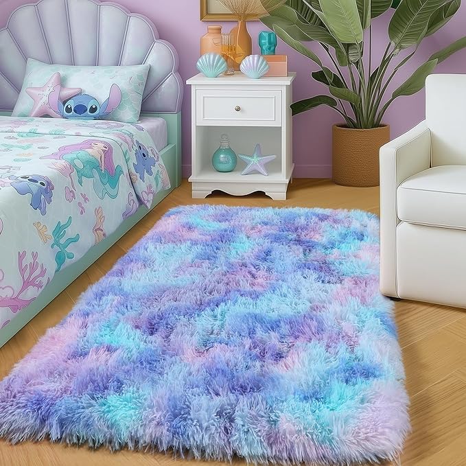 Amdrebio Purple Rainbow 2x3 Small Area Rugs for Bedroom Girls Room Decor, Colorful Mermaid Stitch Frozen Kids Rugs for Playroom Nursery Dorm, Fluffy Furry Cute Shag Kawaii Carpet for Baby Toddler