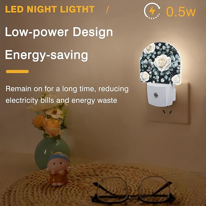 Night Light, Vintage White Rose Flower Night Lights Plug into Wall Dusk to Dawn Sensor Round Nightlight for Women Men Energy Efficient Led Lamp 0.5W for Stairway Hallway Bedroom