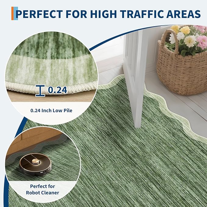 GarveeHome Scalloped Area Rug 4x6 - Washable Boho Bordered Non-Slip Entryway Rug, Abstract Green Farmhouse Living Room Rug Soft Throw Rugs for Entrance Hallway Bedroom Kitchen Nursery, Green