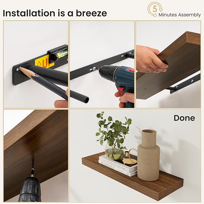 Fun Memories Rustic Wood Floating Shelves for Wall, Space-Saving Wall Mounted Shelves for Bathroom, Bedroom, Living Room and Kitchen, Stylish Storage & Display (Set of 4, Walnut, 9.3 in)