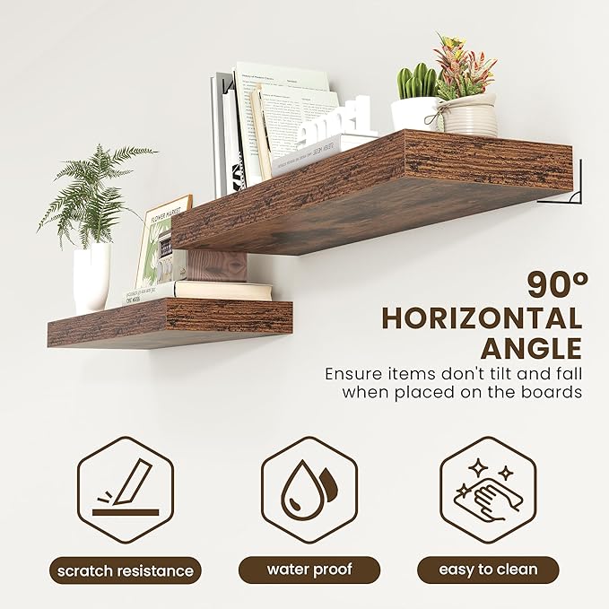 FLYJOE Deep Floating Shelves | 40 Inch Floating Shelves Set of 2 | 12 Inch Deep Brown Wood Wall Shelves | 40" W x 12" D Rustic Brown Shelves for Bathroom Living Room Kitchen Laundry Room