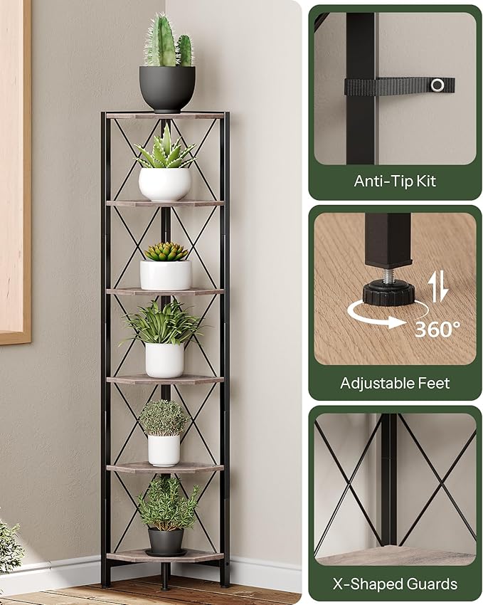 CHOEZON 6-Tier Corner Shelf, Corner Bookcase, 66.9" Tall Vertical Display Rack, Plant Stand, Open Storage Shelf, for Living Room, Bedroom, Study, Kitchen, Greige and Black TCJ13BG
