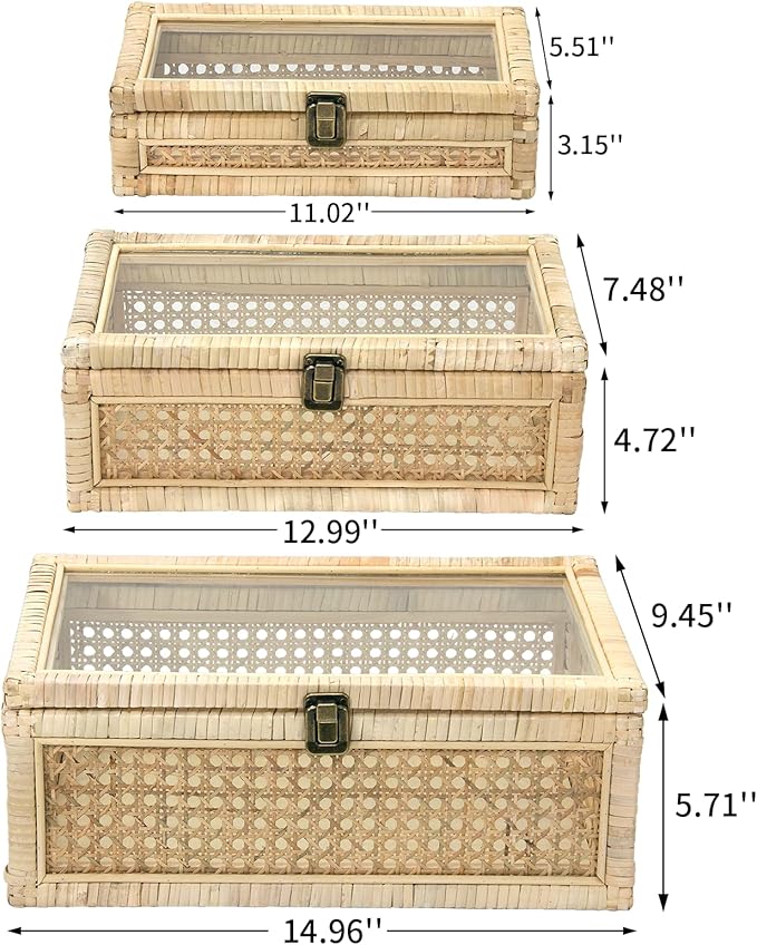 Boho Rattan Display Boxes with Glass Lids, 3 Pcs Large Natural Handwoven Cane Basket, Home Decor Organizers Storage Bins, Natural Finish Display Boxes