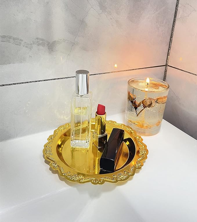 Round Storage Tray Necklace tray Jewelry Holder Organizer Dessert Plate Fruit DishRing Dish Organizer Holder Home Decor Wedding Gift for Perfume Candle Holiday Party(Golden/Silver) (Golden, Small)