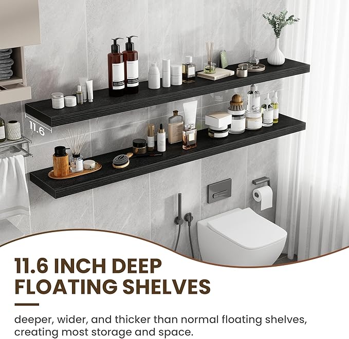 Acovy 72 inch Floating Shelves for Wall, 12 Inch Deep Floating Shelf, Hanging Shelf with Invisible Brackets, Rustic Wooden Wall Shelves for Bathroom, Bedroom, Living Room,Farmhouse Set of 1,Black