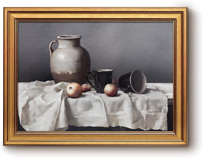 Bzstyleart Vintage Wall Art Decor Living Room, Canvas Framed Wall Art, Farmhouse Retro Rustic Artwork, Home Decor Aesthetic Painting Picture Print, Pottery Still Life, 12 x 16 Inch